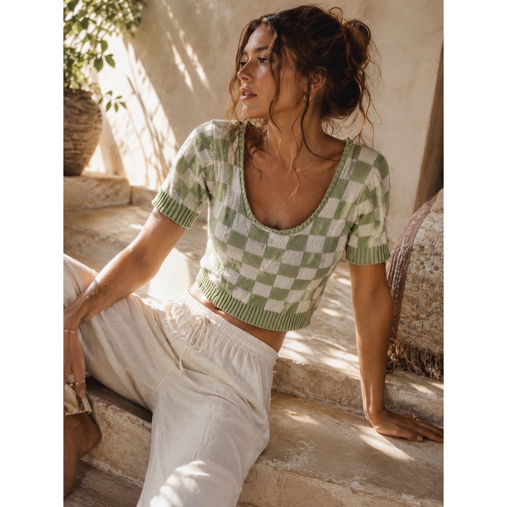 Entro Sage Green White Checkerboard Knit Crop Top Scoop Neck Cotton Small